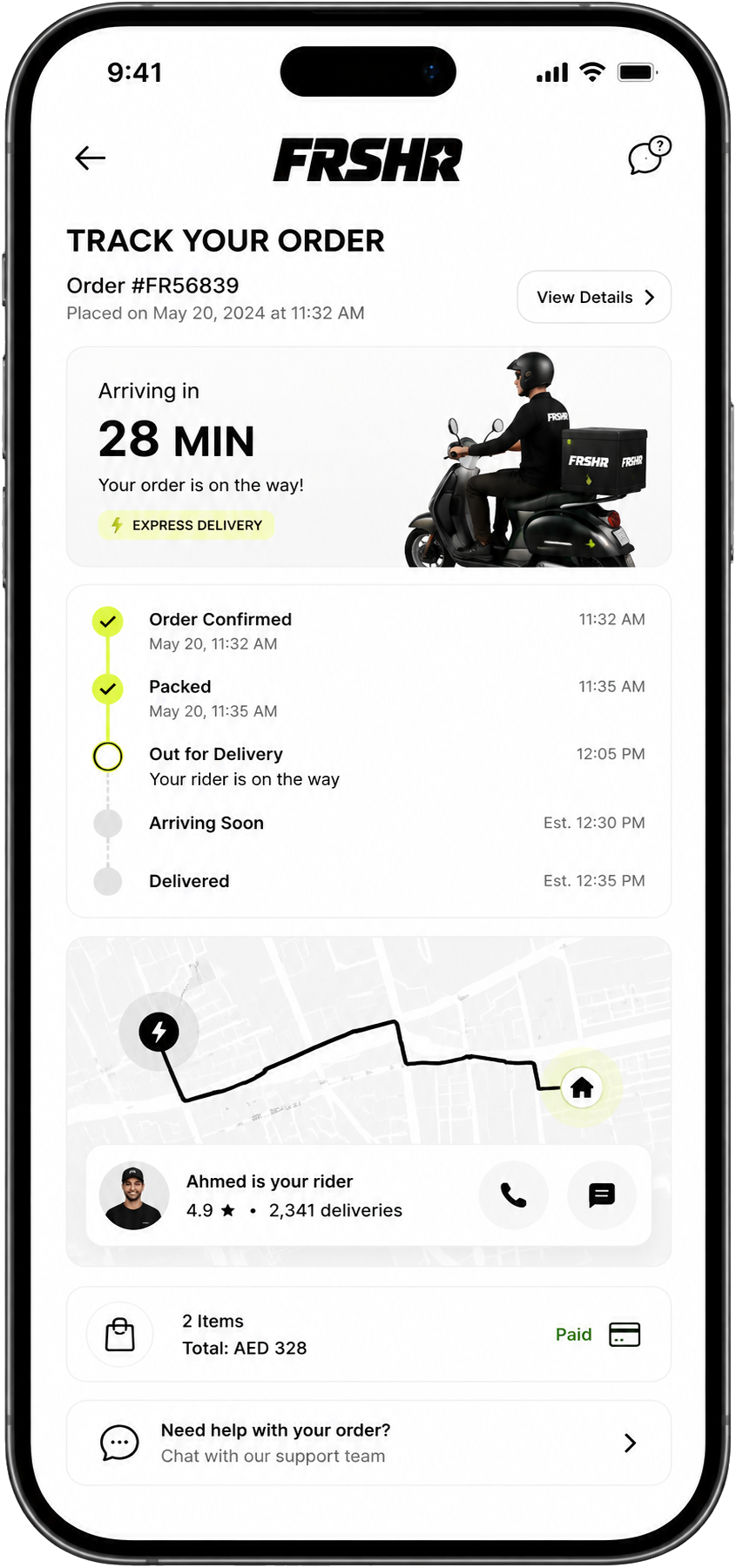 FRSHR live order tracking app screen
